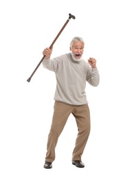 Photo of Emotional senior sports fan with walking cane isolated on white
