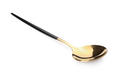 Photo of One shiny golden spoon with black handle isolated on white
