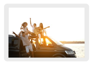  Paper photo. Happy friends with guitar near sea at sunset 