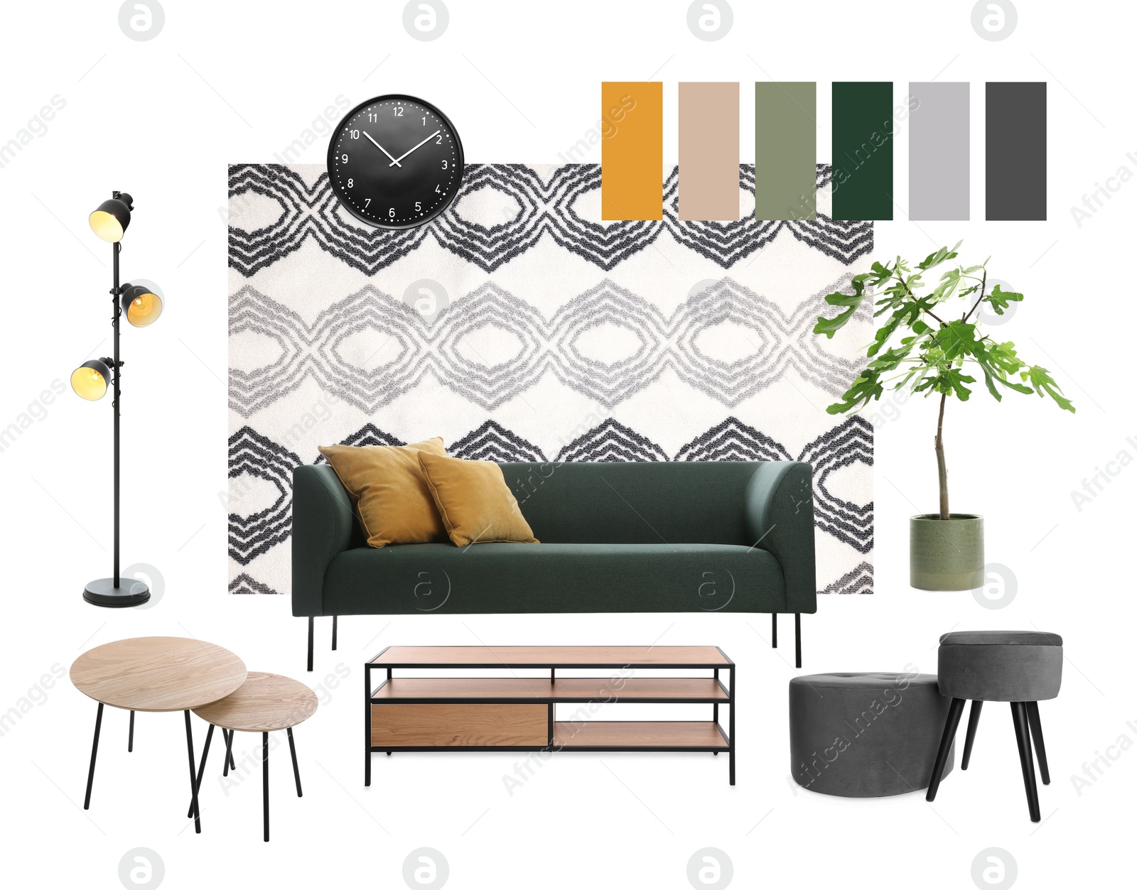 Image of Stylish interior design. Different decorative elements and furniture on white background. Mood board collage