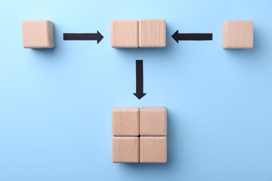 Business process organization and optimization. Scheme with wooden figures and arrows on light blue background, top view