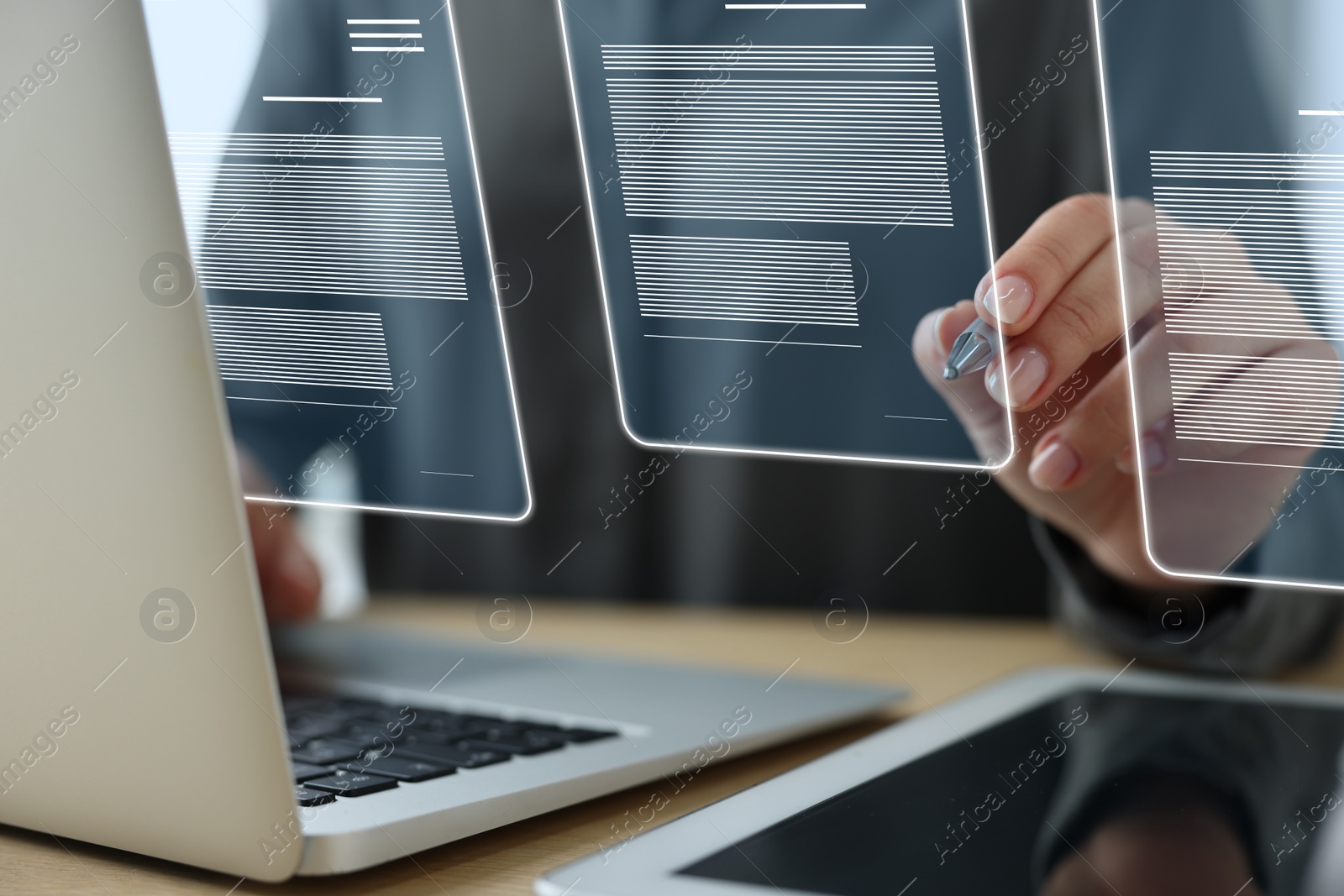 Image of Concept of electronic signature. Woman working on laptop at table indoors, closeup