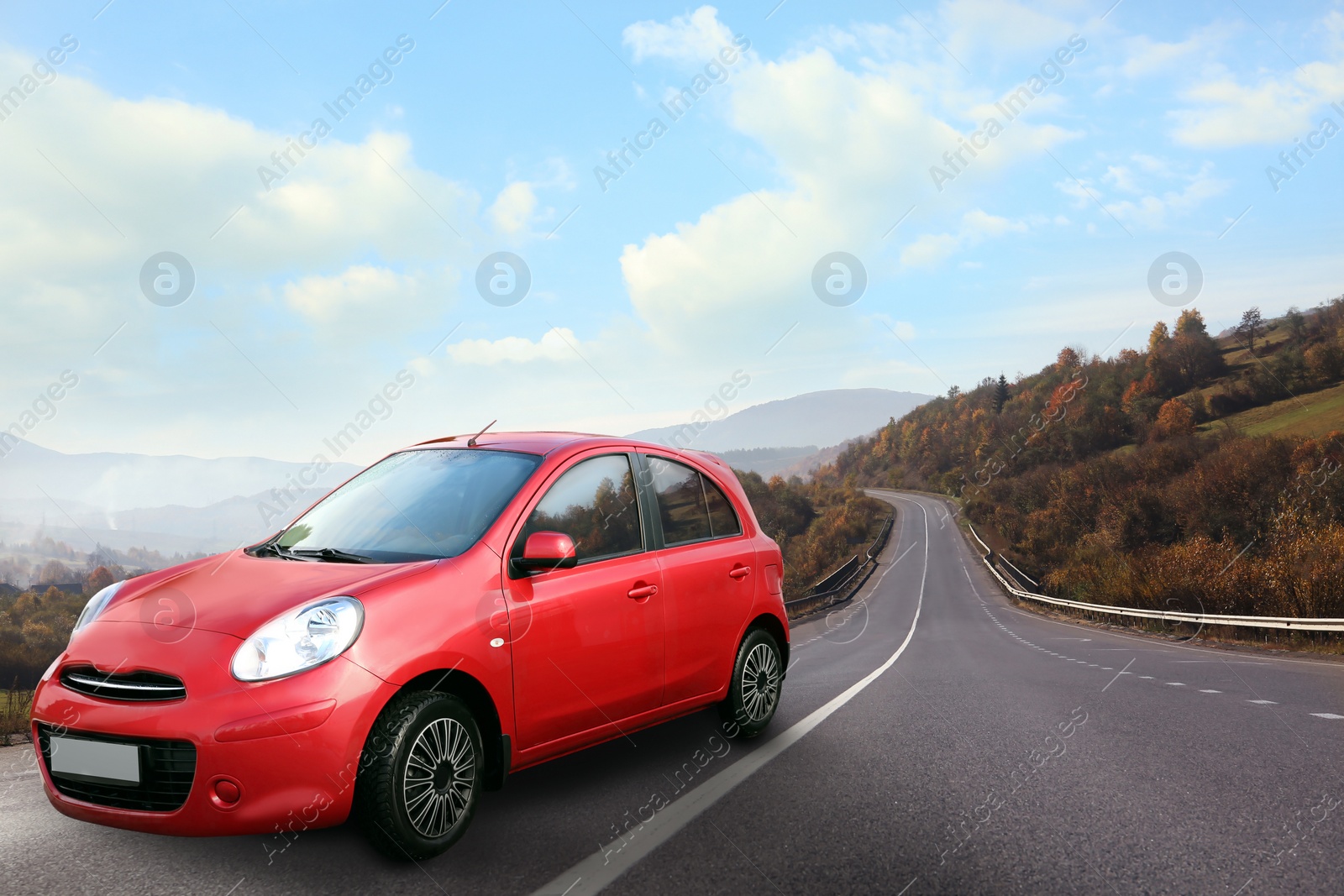 Image of Road trip. Car driving on asphalt highway, space for text 