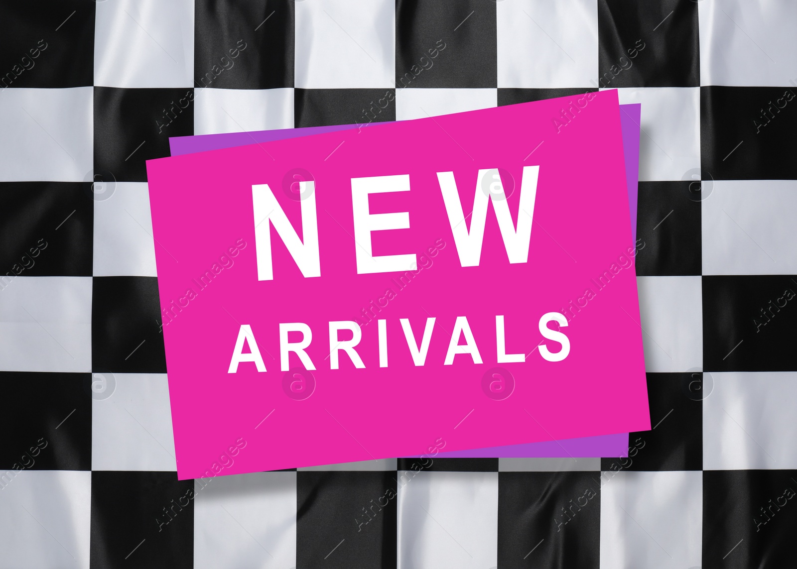 Image of New arrivals flyer design with text on checkered background