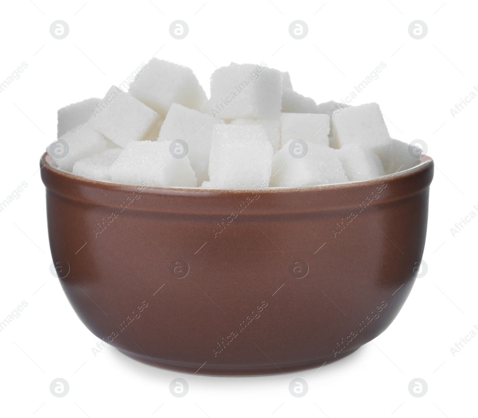 Photo of Refined sugar cubes in bowl isolated on white