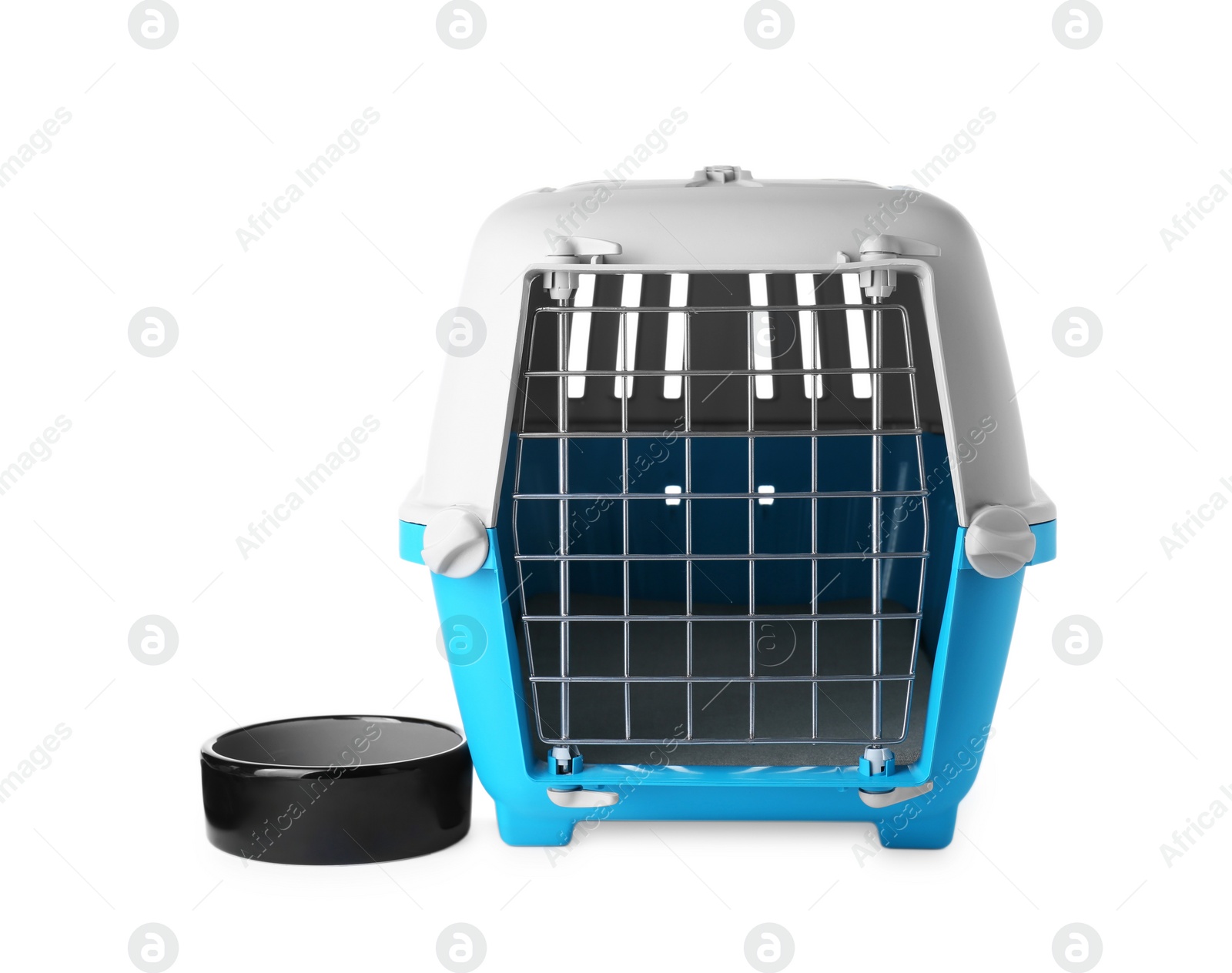 Photo of Light blue pet carrier and bowl isolated on white