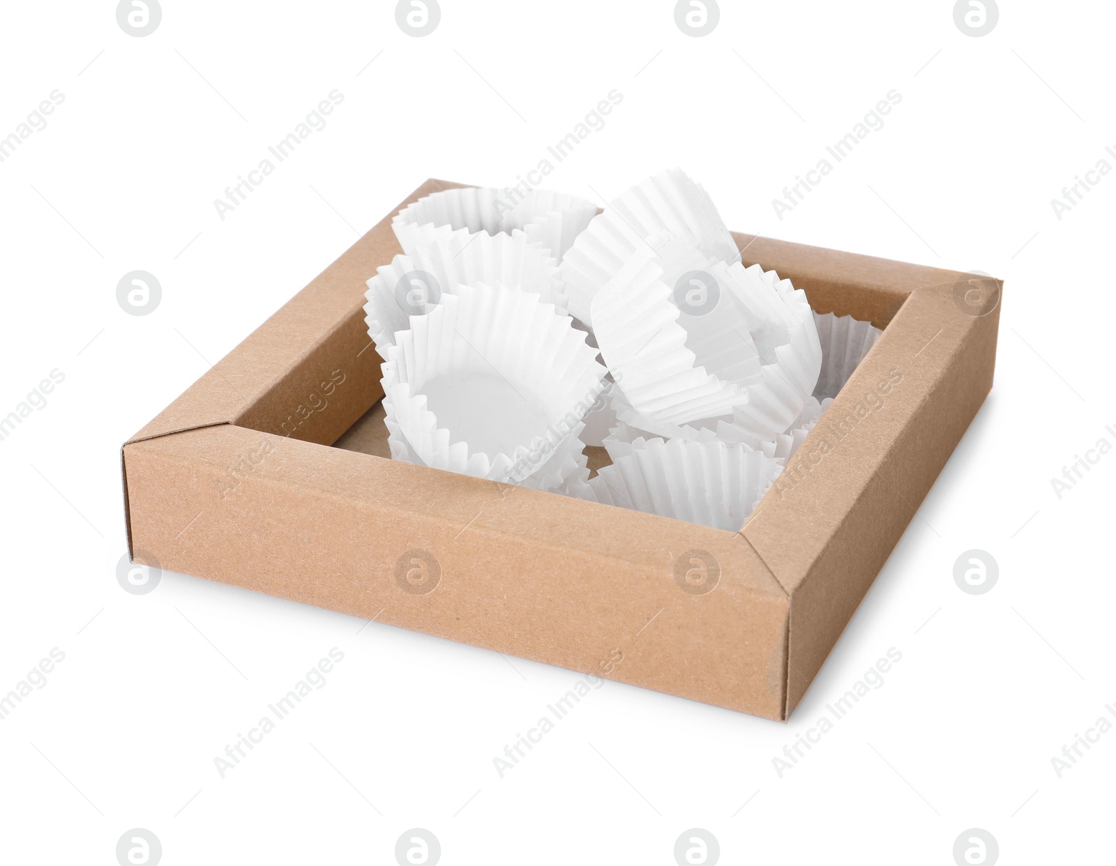 Photo of Empty box of chocolate sweets with candy paper cups isolated on white