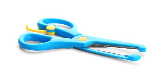 Photo of Pair of training scissors on white background