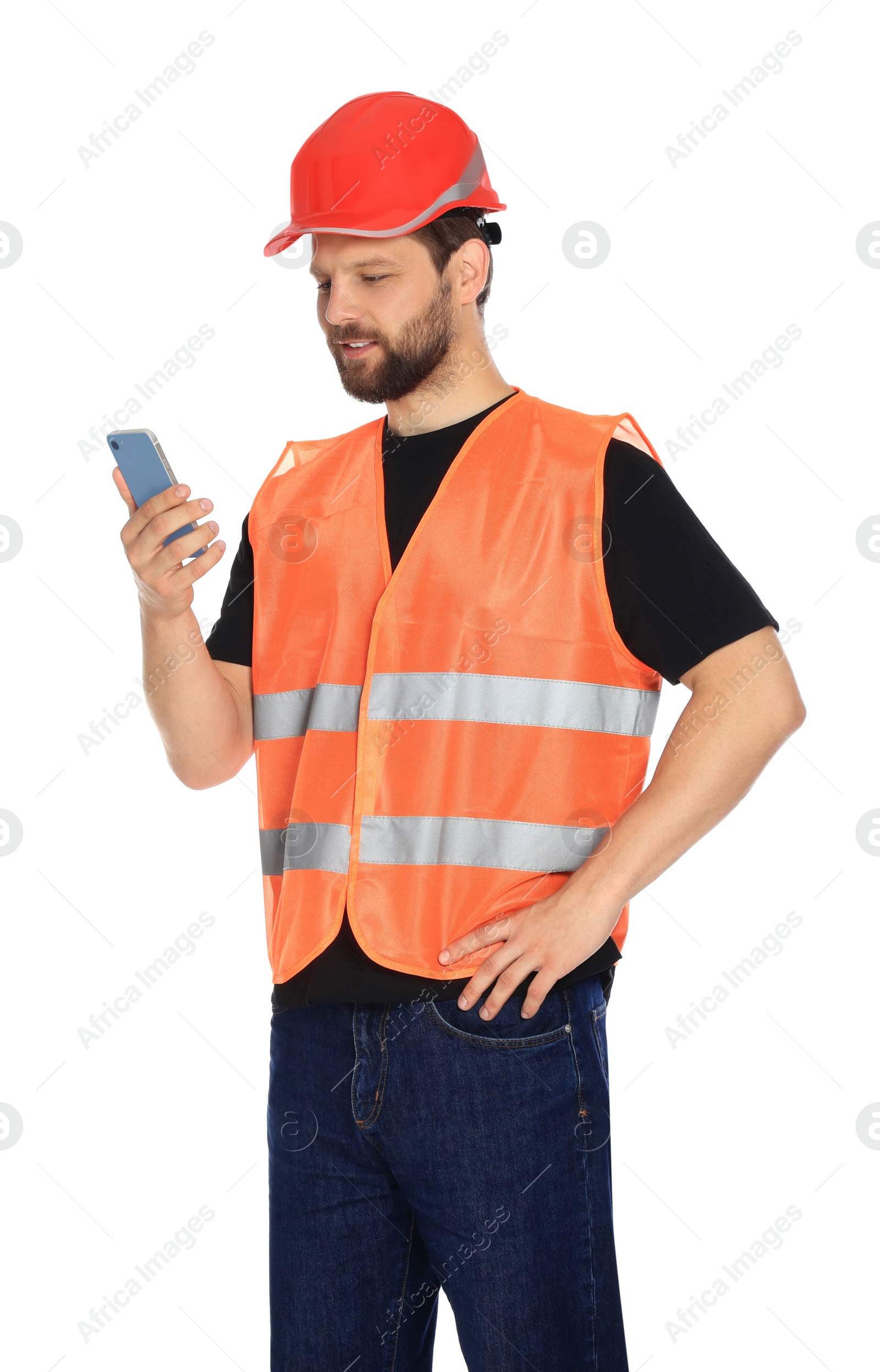 Photo of Man in reflective uniform with smartphone on white background
