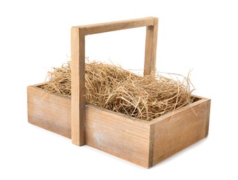 Dried hay in wooden basket on white background