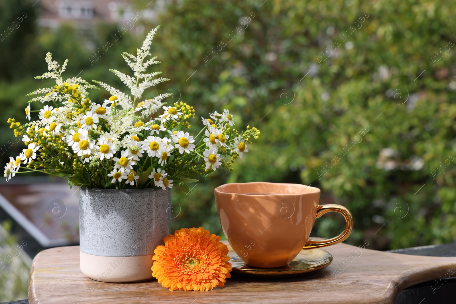 Photo of Cup of delicious chamomile tea and fresh flowers outdoors on sunny day. Space for text