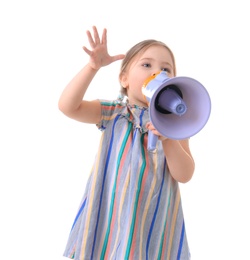 Adorable little girl with megaphone on white background