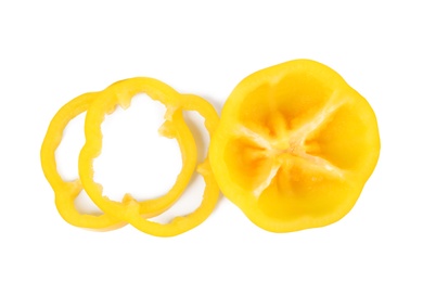 Cut yellow bell pepper isolated on white, top view