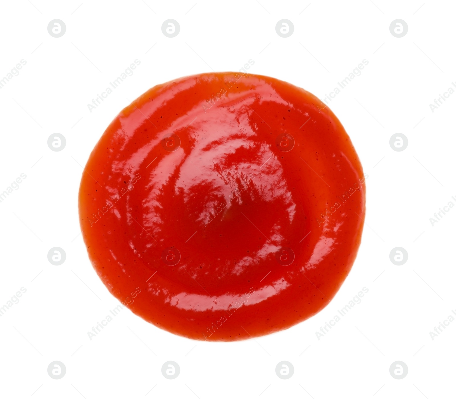 Photo of Tasty tomato sauce isolated on white, top view