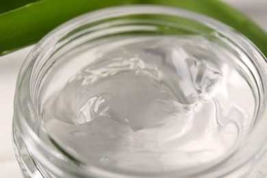 Photo of Jar of natural aloe gel, closeup view