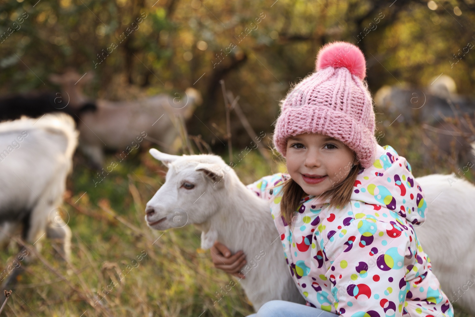 Photo of Farm animal. Cute little girl hugging goatling on pasture