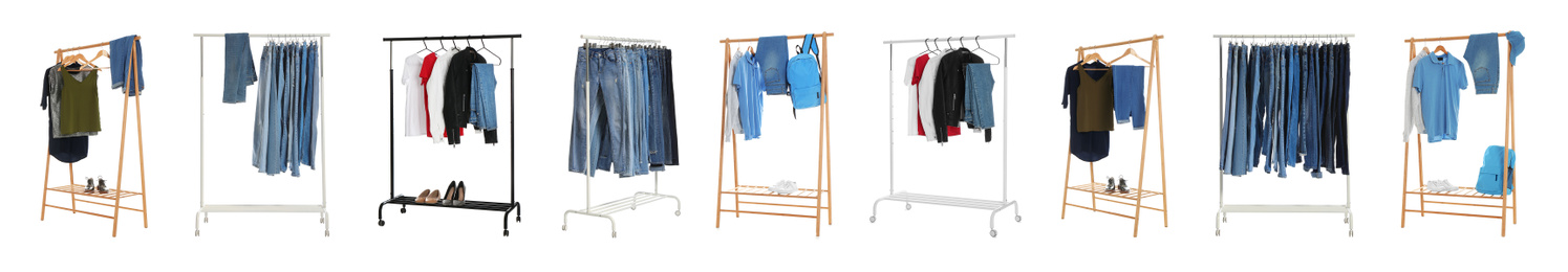 Image of Set of wardrobe racks with different clothes on white background. Banner design