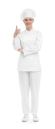 Photo of Happy woman chef in uniform showing thumbs up on white background