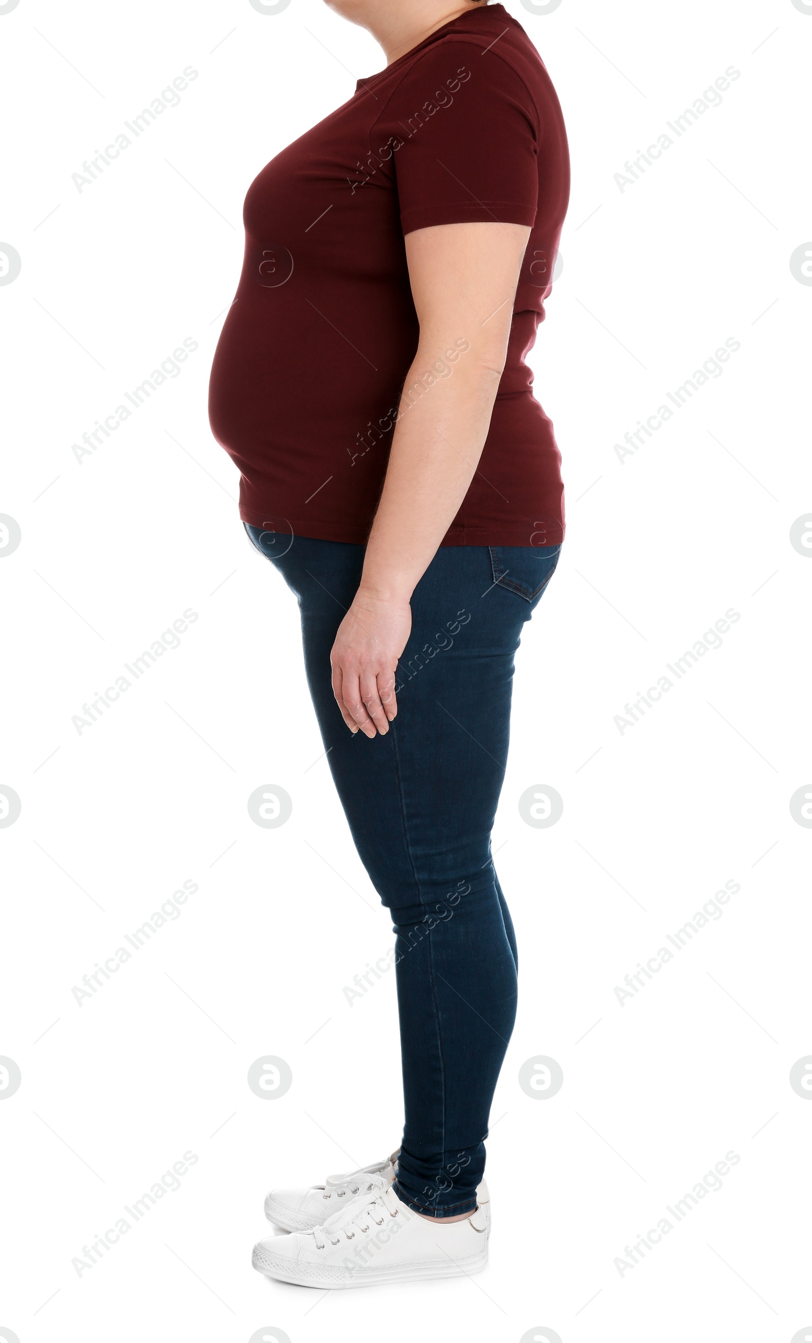 Photo of Overweight woman on white background, closeup. Weight loss