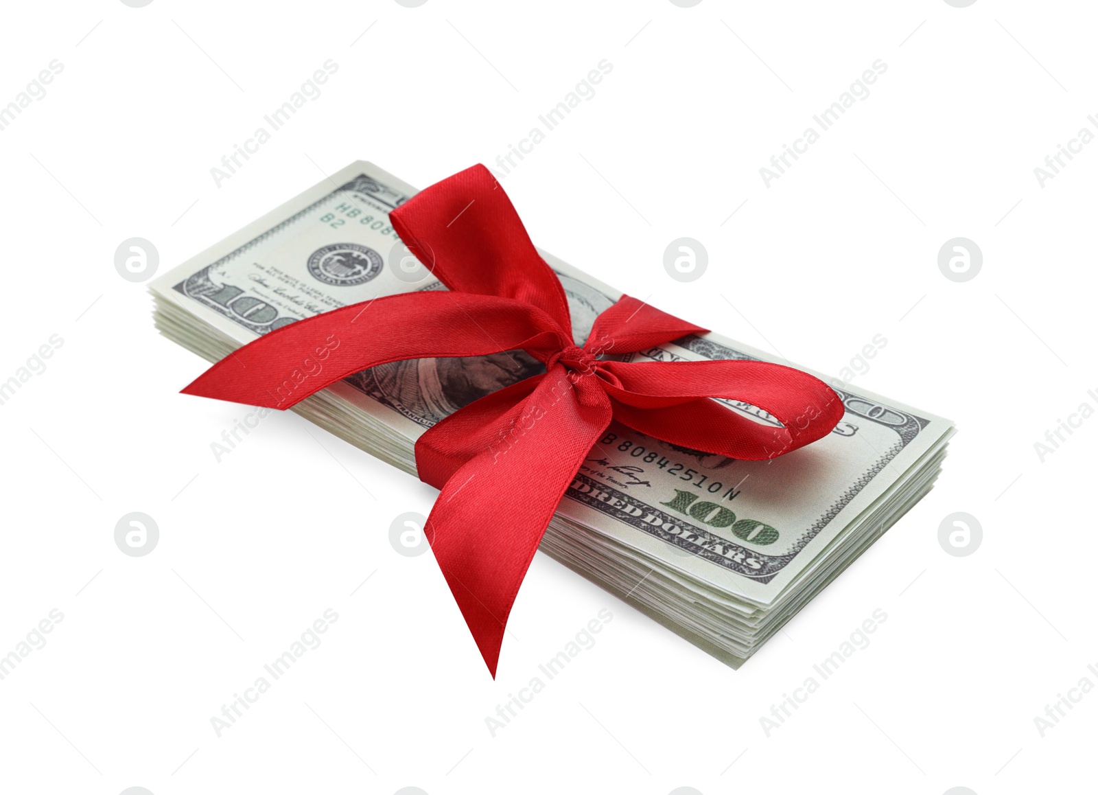 Photo of Stack of dollar banknotes with red ribbon isolated on white