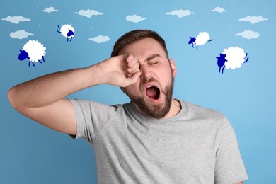 Sleepy young man yawning and pictures of sheep on light blue background