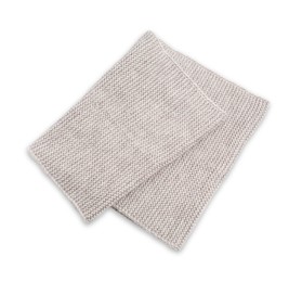Photo of One beige knitted scarf on white background, top view
