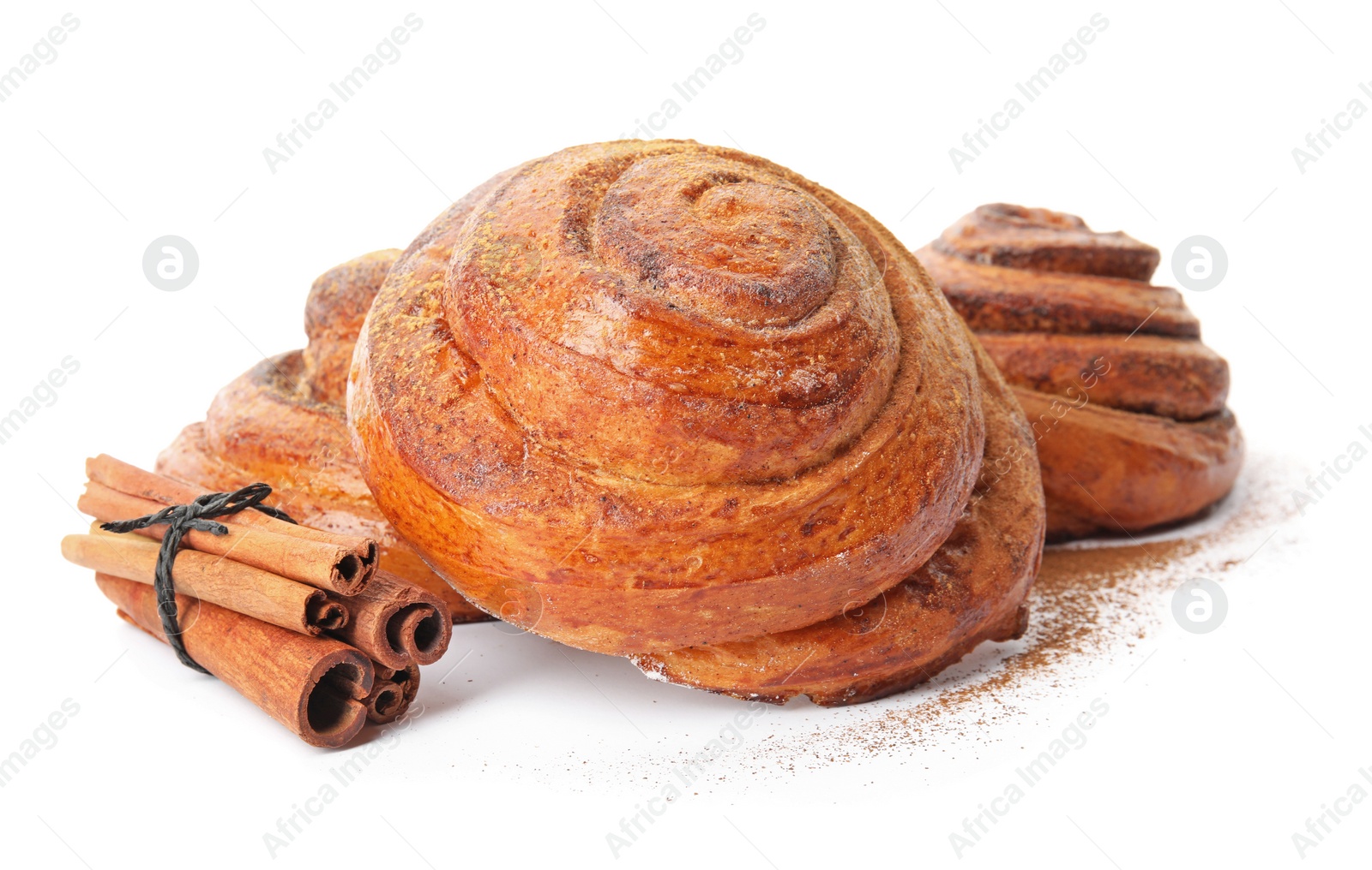 Photo of Freshly baked cinnamon rolls on white background