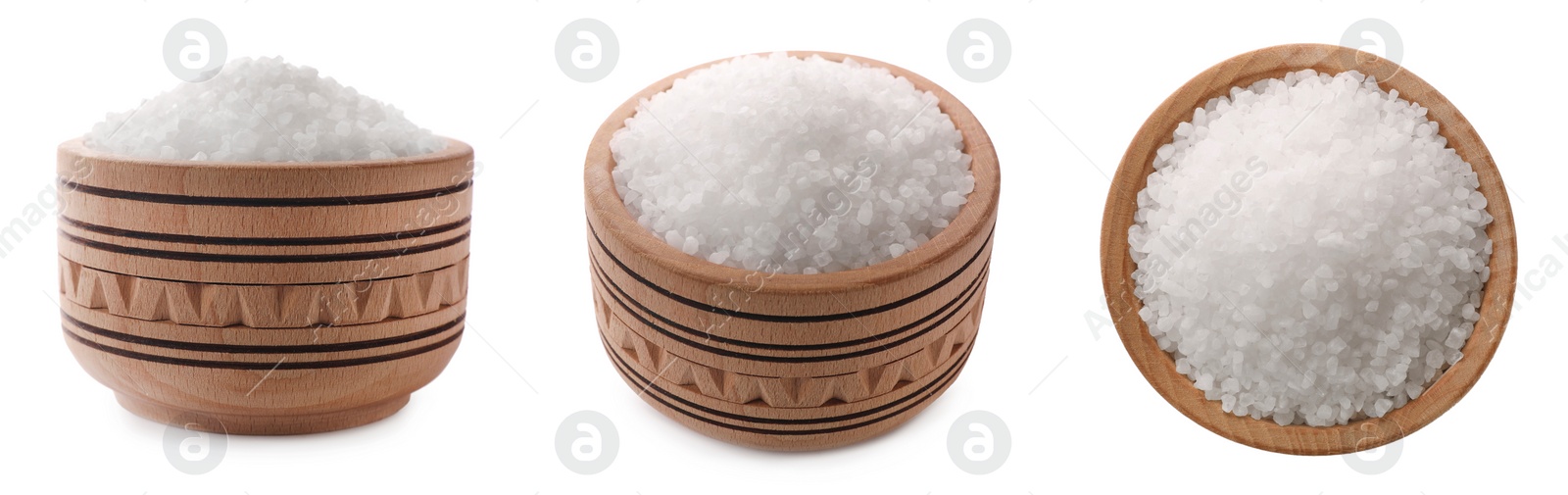 Image of Set of natural salt in wooden bowl isolated on white, side and top views