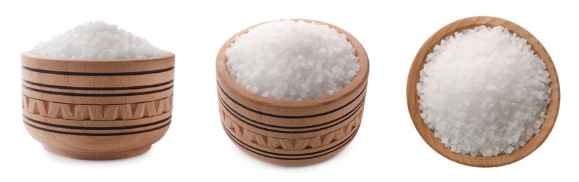 Set of natural salt in wooden bowl isolated on white, side and top views