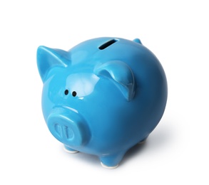 Blue piggy bank on gray background. Money saving