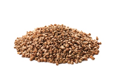 Photo of Raw buckwheat on white background. Healthy grains and cereals