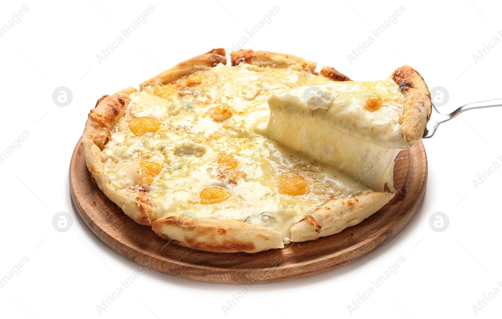 Photo of Taking piece of hot cheese pizza Margherita from board on white background