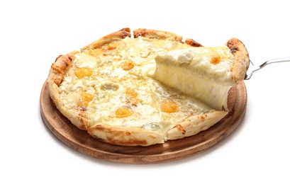 Taking piece of hot cheese pizza Margherita from board on white background