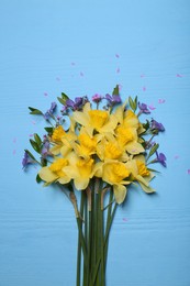 Bouquet of beautiful yellow daffodils and periwinkle flowers on light blue wooden table, top view