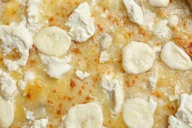 Delicious hot cheese pizza as background, top view