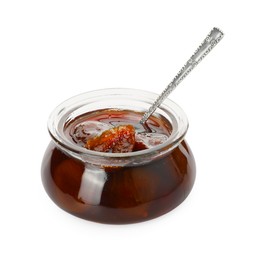Photo of Jar of tasty sweet fig jam and spoon isolated on white