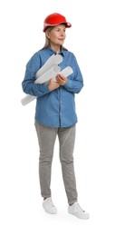 Photo of Architect in hard hat with drafts on white background