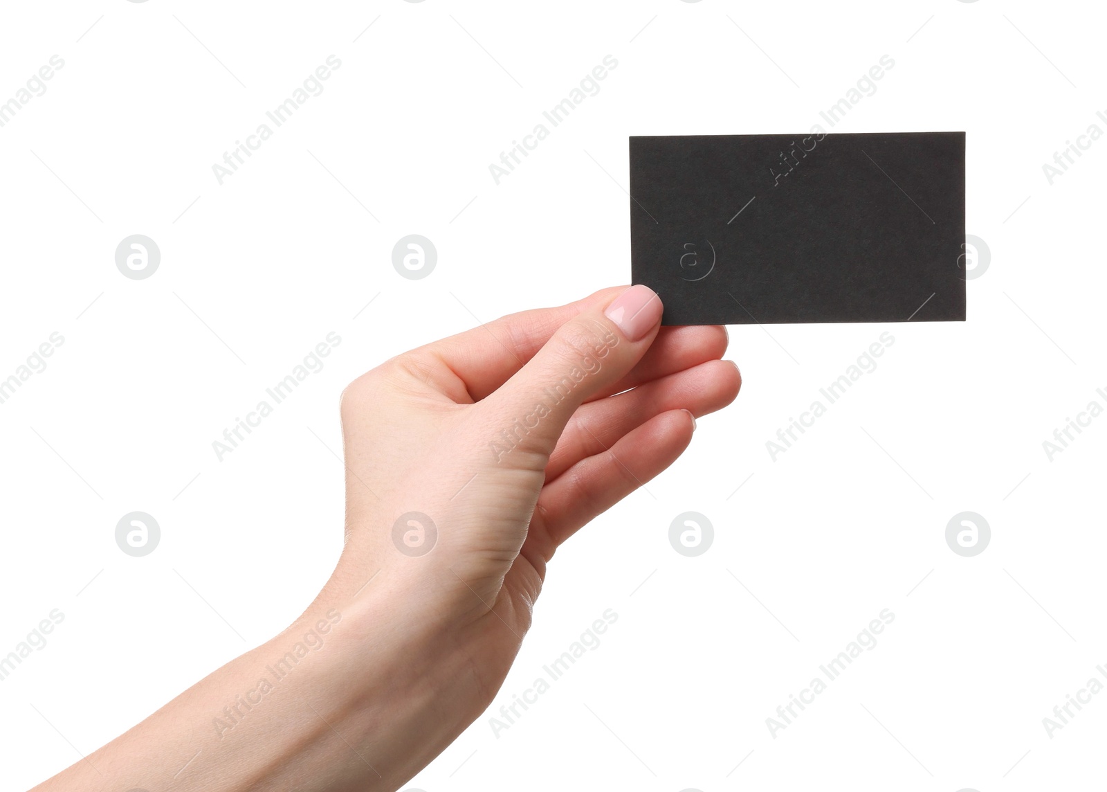 Photo of Woman holding blank business card on white background, closeup. Space for text