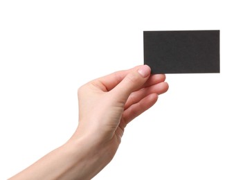 Photo of Woman holding blank business card on white background, closeup. Space for text