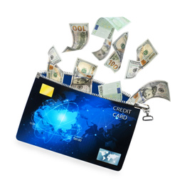 Image of Credit card as wallet and money on white background
