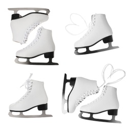 Image of Set with ice skates on white background 