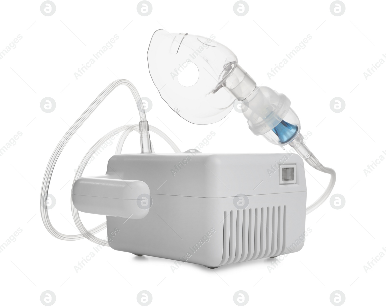 Photo of Modern nebulizer with face mask on white background. Inhalation equipment