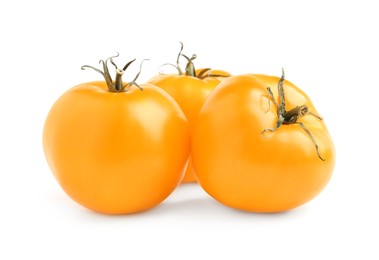 Photo of Fresh ripe yellow tomatoes on white background