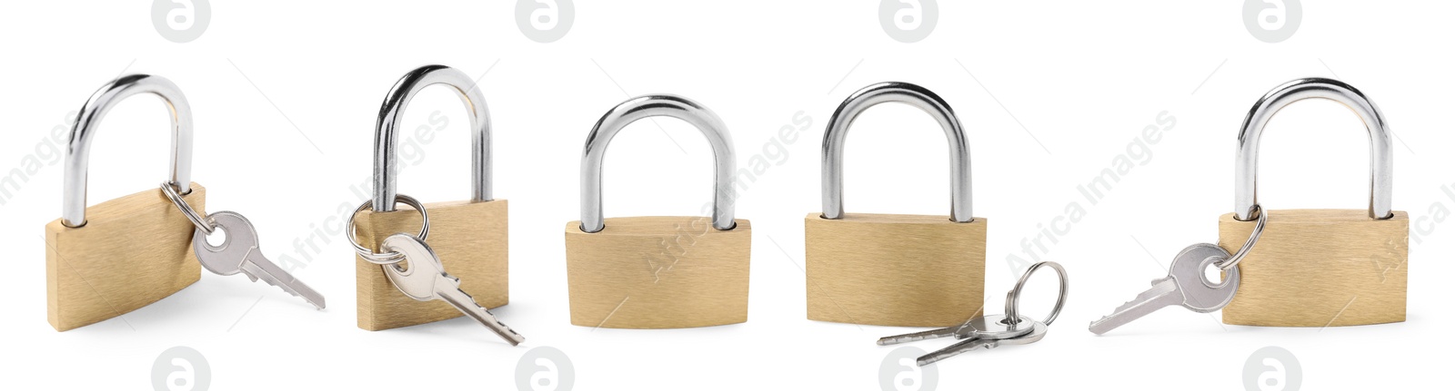 Image of New steel padlock isolated on white, set