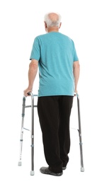 Photo of Elderly man using walking frame isolated on white, back view