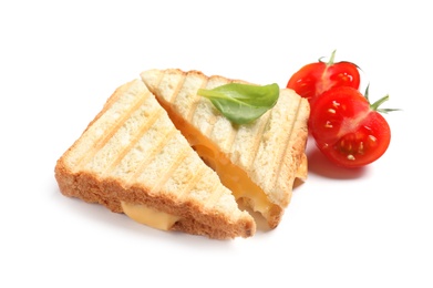 Photo of Fresh cheese sandwiches and tomato isolated on white