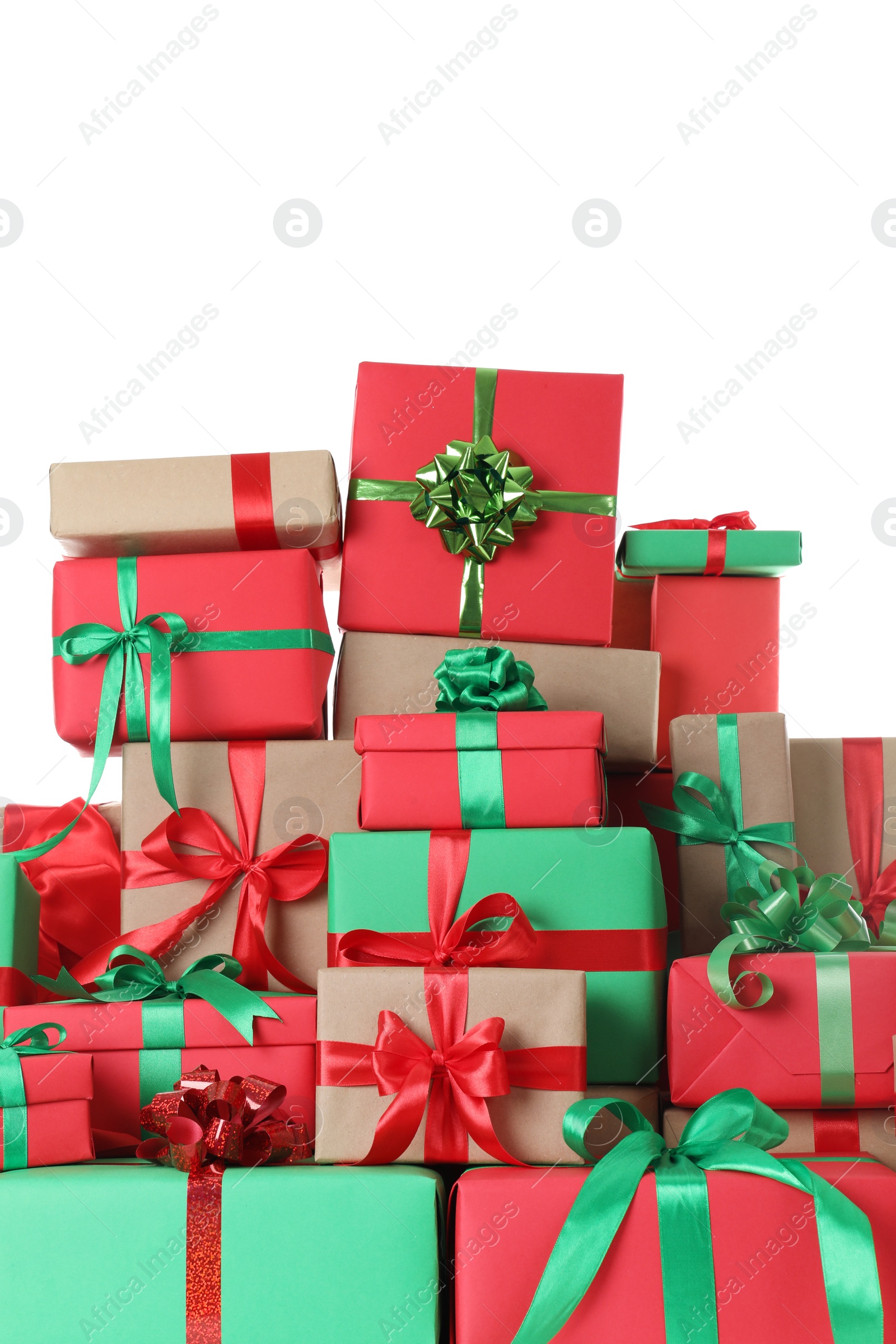 Photo of Many different Christmas gift boxes isolated on white