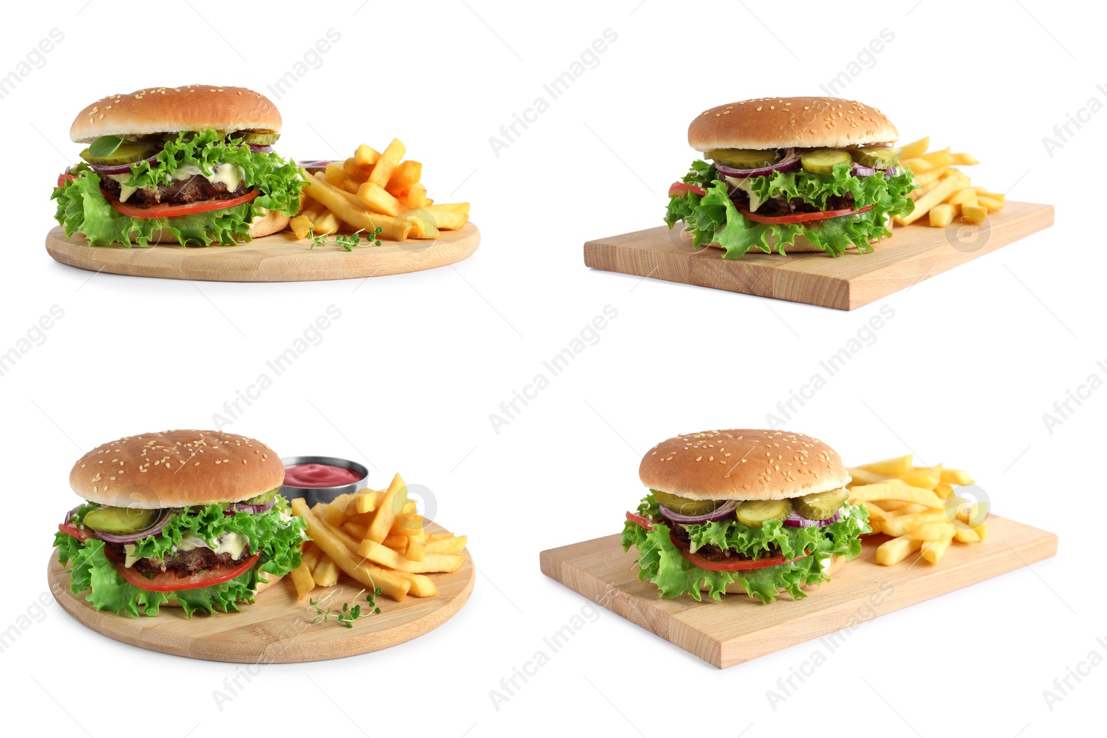 Image of Collage with delicious burgers and French fries on white background