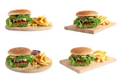 Collage with delicious burgers and French fries on white background