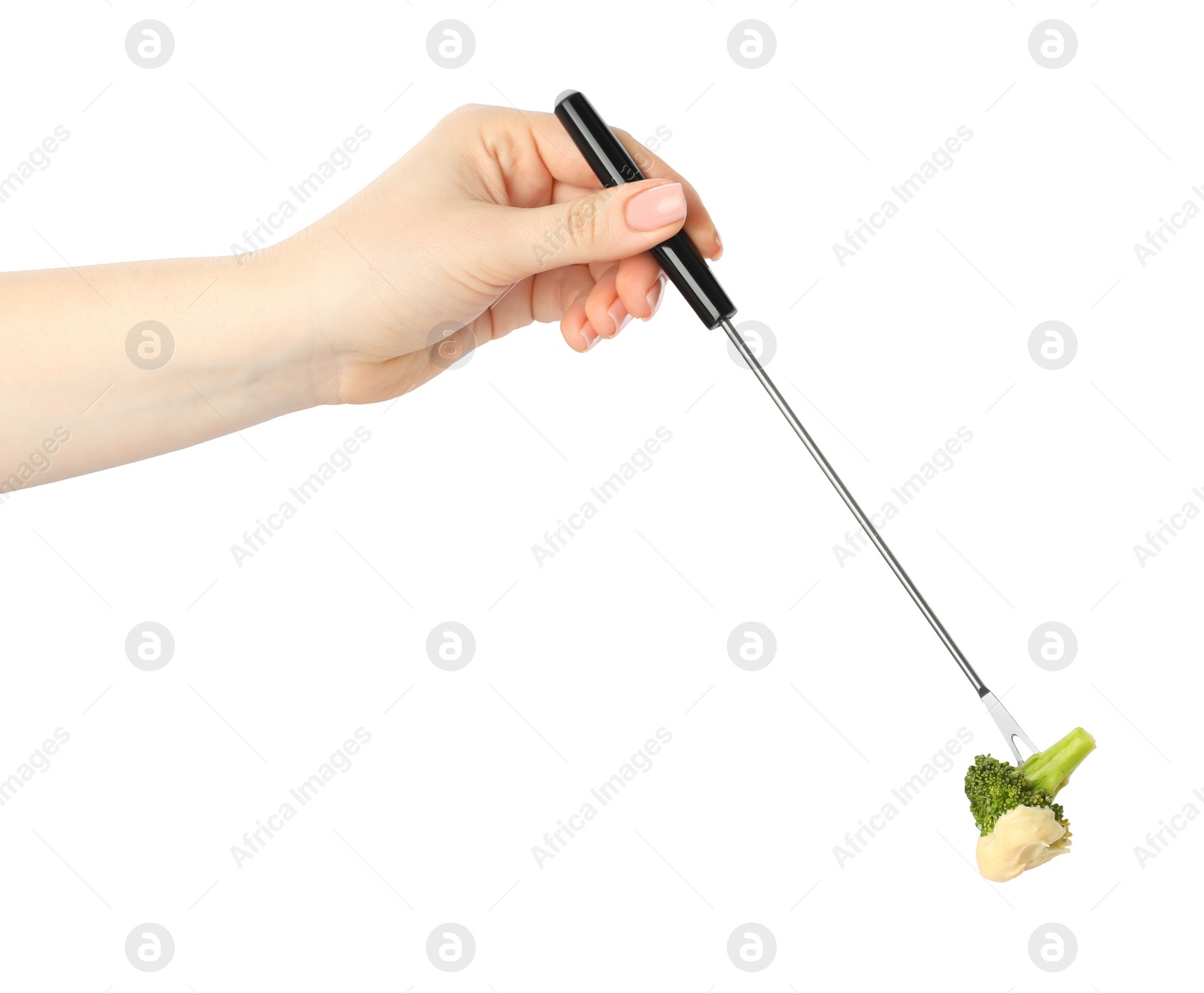 Photo of Tasty fondue. Woman holding fork with broccoli and melted cheese on white background, closeup